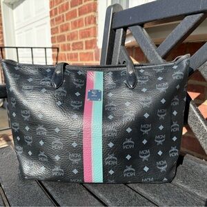 MCM Black Logo Tote with Pink and Teal Center Stripe